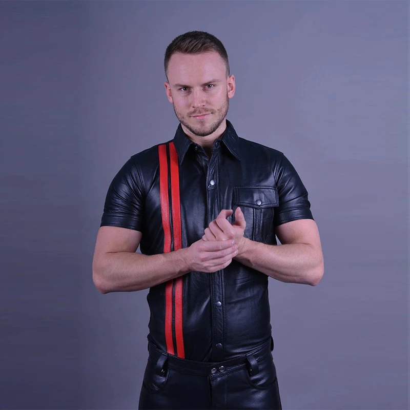 Men\'s Matte Leather Turn-down Collar Short Sleeve Jacket Shirt Male Striped Single Row Button PU Jacket Coat Top Clothing Custom