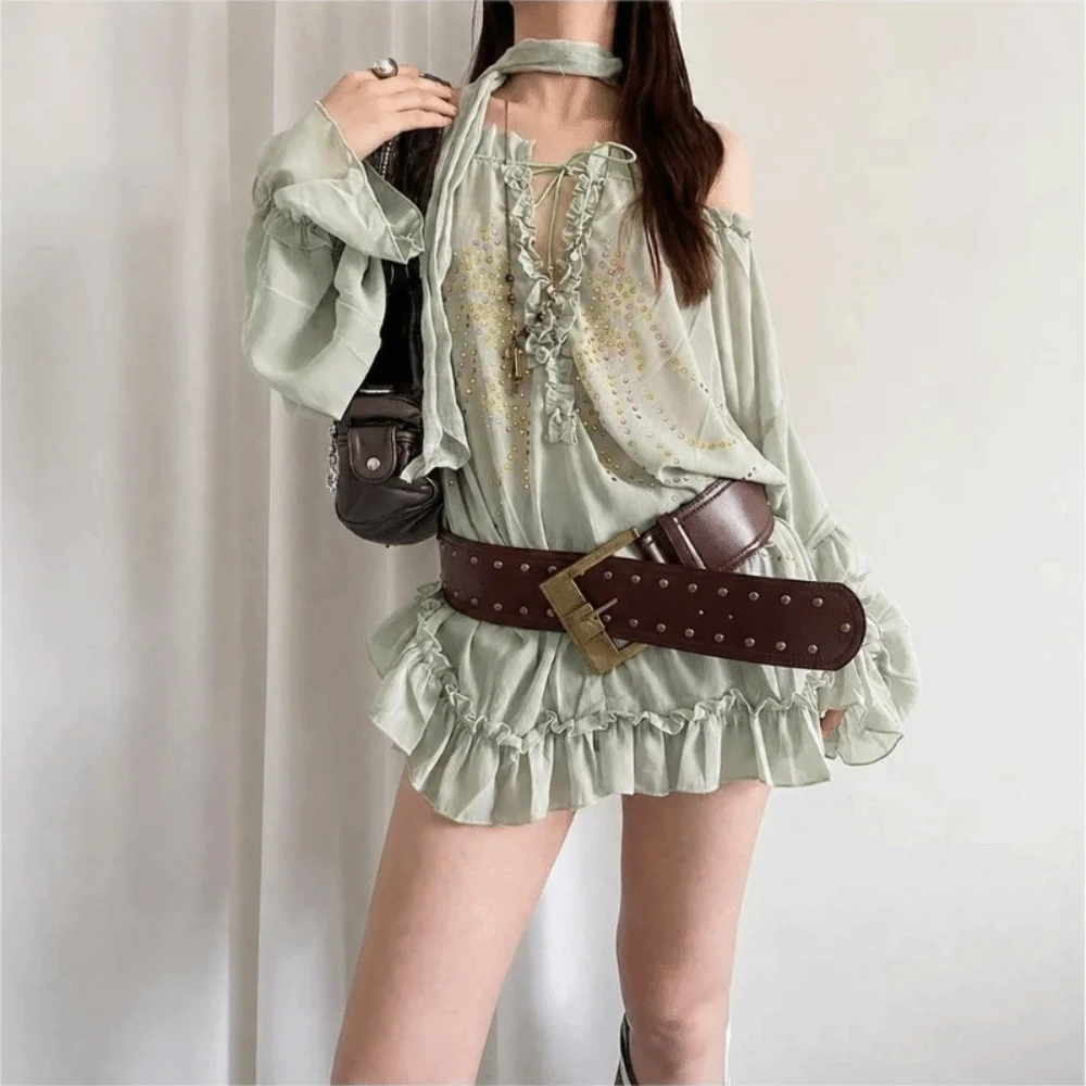 Plus Size Wide PU Leather Belt Rivet Patchwork Heavy-Industrial Design Rivet Waist Belt Trendy Punk Style Western Cowboy Style