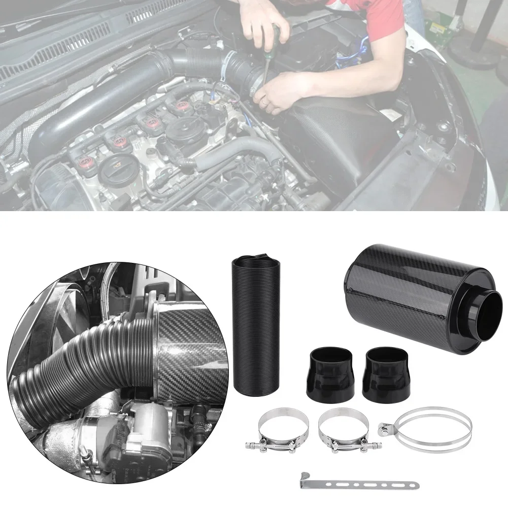 

76mm 3" Universal Carbon Fiber Induction Filter Box Cold Air Intake System W/ Intake Hose Cold Air