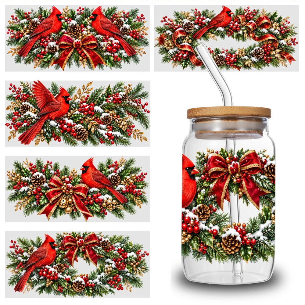 5 Sheets Christmas Cardinal Wreath UV DTF Stickers Cups Decoration for 16 oz Tumbler Transfer Sticker Decal