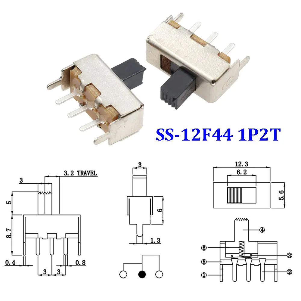 10/30/50Pcs/Lot SS-12F44 1P2T Second Gear Vertical Switch Handle high 5MM Toggle Switch 1P2T SS12F44G5 Slide Switch