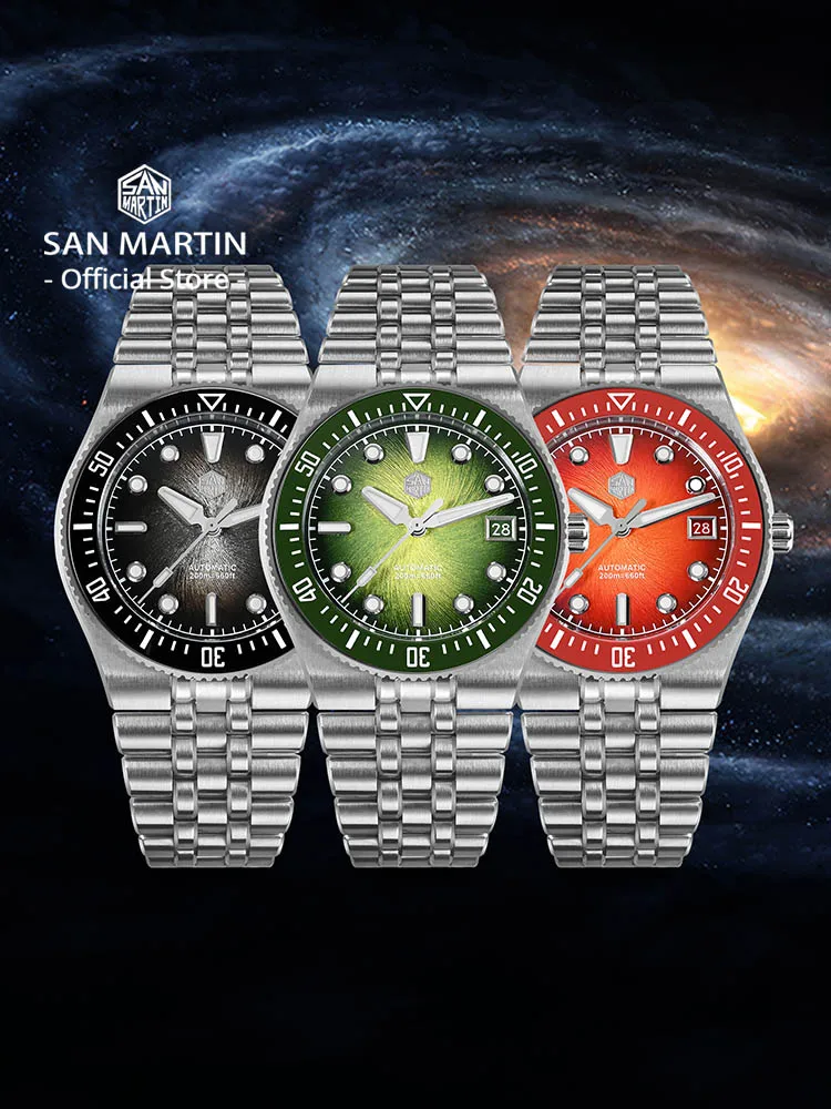 

San Martin 40 мм эмалированный спиральный циферблат встроенный браслет мужские дайверские часы Miyota 9015 автоматические механические водонепроницаемые 200 м SN0148