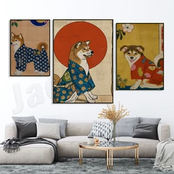 Shiba Inu Red Kimono Ukiyo-e Poster, Japanese Art Canvas Painting Poster Wall Art Picture for Living Room Bedroom Home Decor Dog