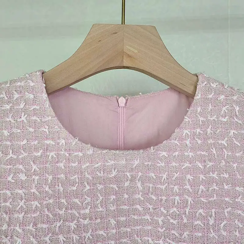 หรูหราสั้น Tweed ชุดผู้หญิงสีชมพู Pearl Bow Pocket Prom Party Vestido Mini Robe Tassels ชุดราตรีหวาน