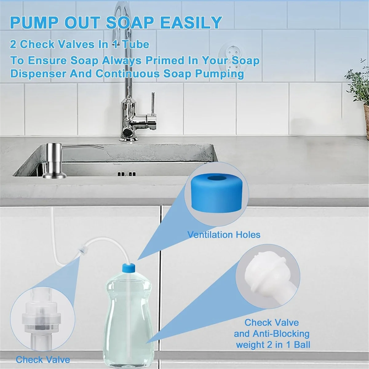 High-end Soap Dispenser Extension Tube Kit for Kitchen Sink, 47Inch Under Sink Soap Dispenser Tube with Upgraded Check Valve