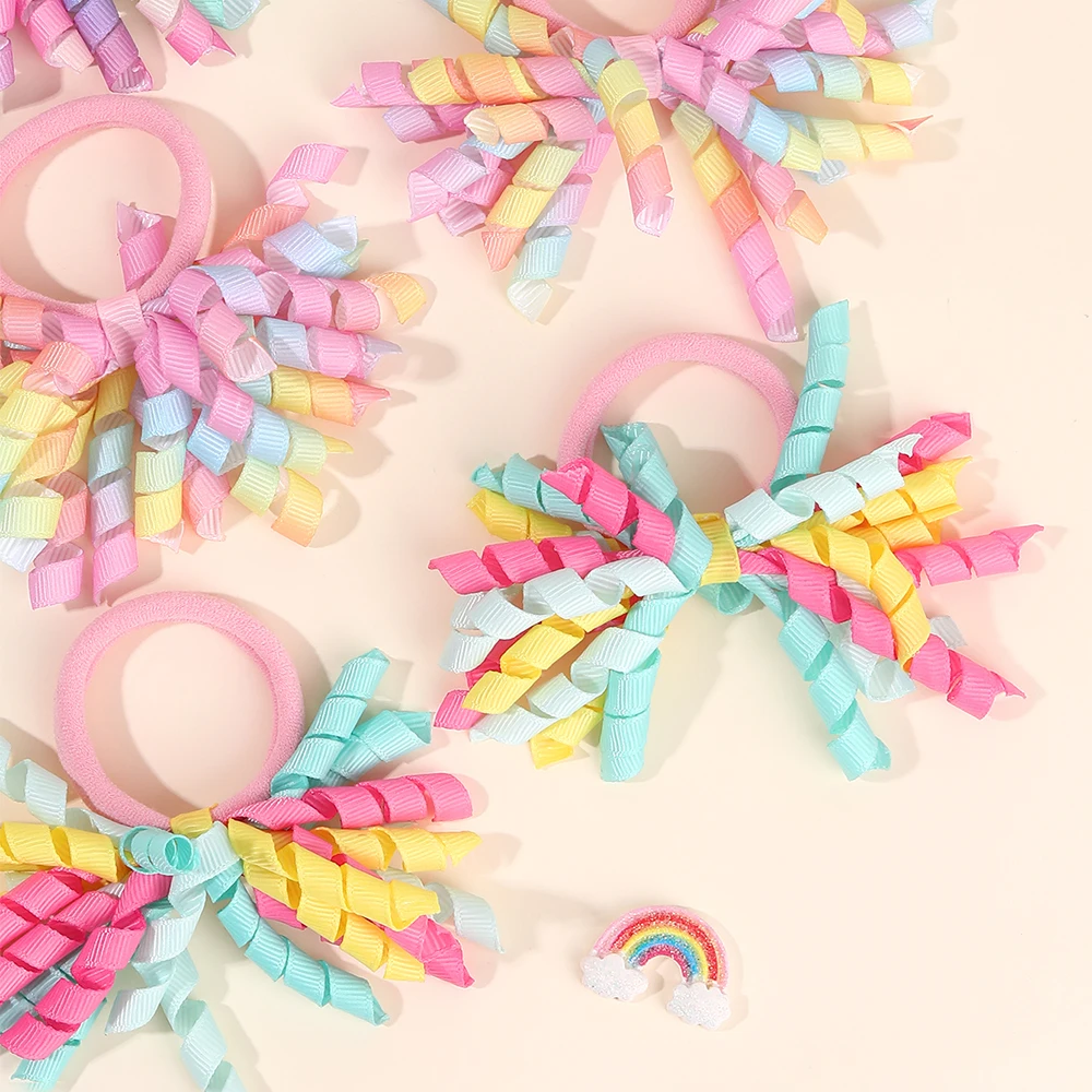 2Pcs Trendy Firework Hair Ties Rainbow Curly Ribbon Elastic Rubber Bands For Girls Kids Cute Hair Ropes Daily Hair Accessories image 6