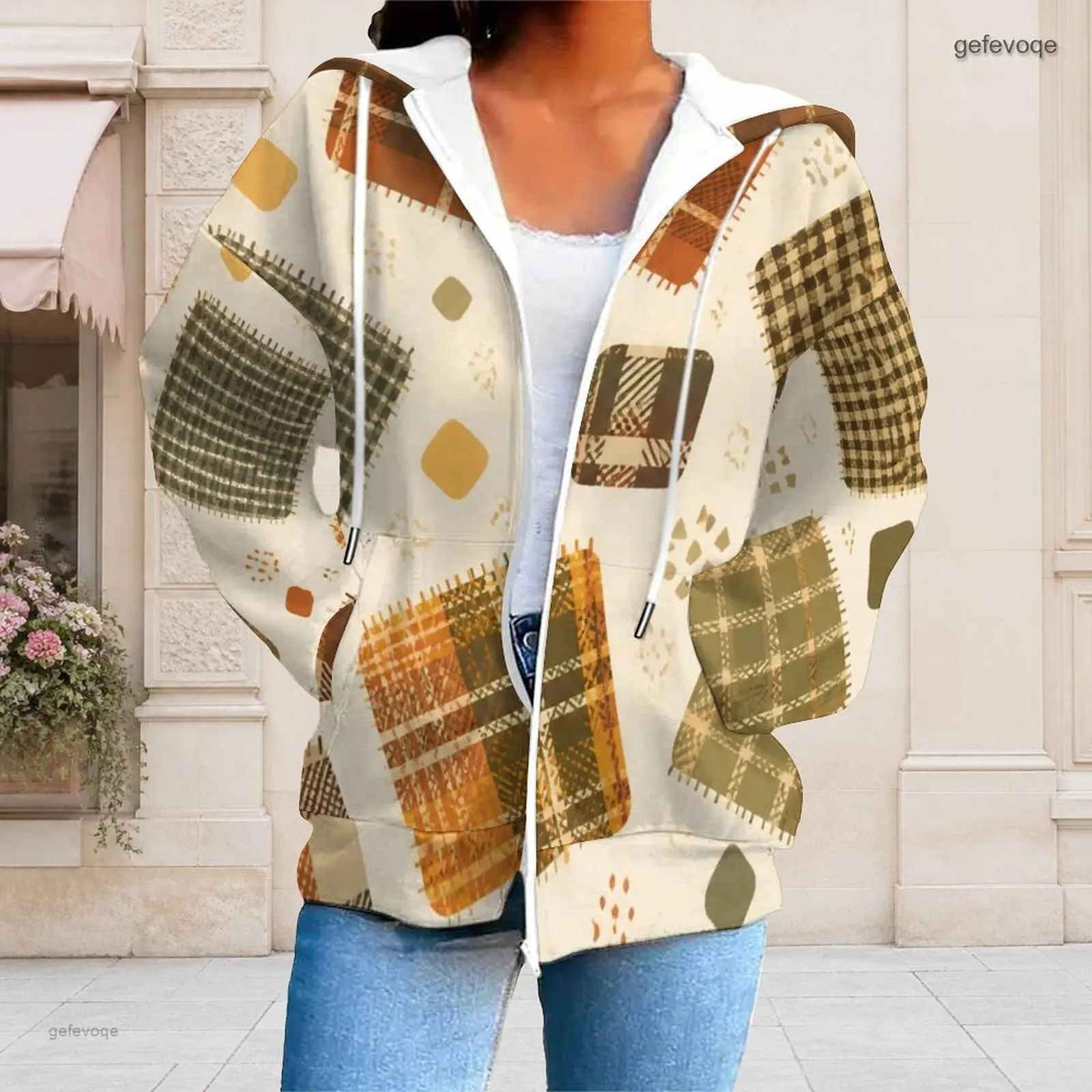 Women Abstract Geometric Leaf Print Zip Up Hoodie Long Sleeve Drawstring Hood Sweatshirt with Pockets