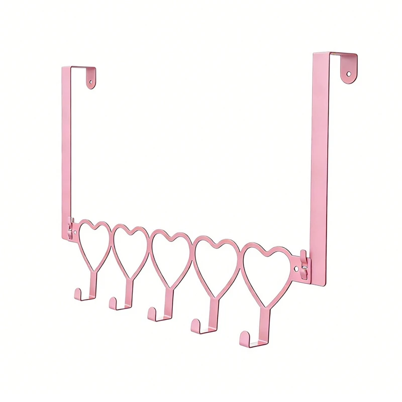 1pc Pink Heart Over The Door Hooks Hanger Wall Mount Towel Hanger Door Holder Organizer 5 Hooks Detachable Iron Bow Hooks