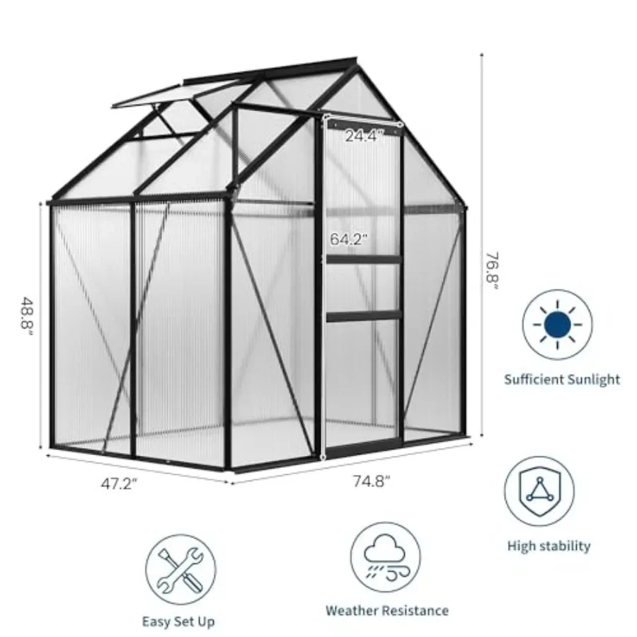 Outdoor garden backyard walk-in greenhouse: 6x4 ft polycarbonate panels, green color, heavy-duty aluminum frame, sliding door,