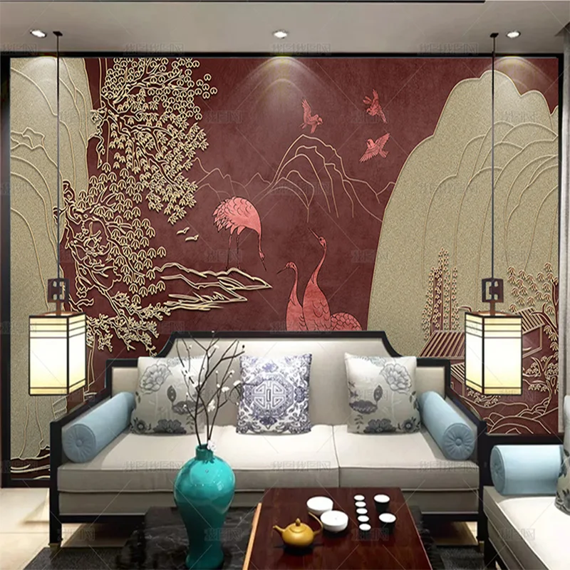 custom 3D New Chinese Zen hand painted wallpaper three dimensional landscape Crane mural TV living room background wall bedroom