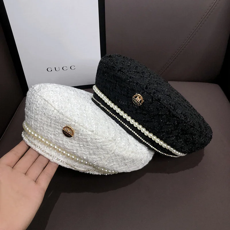 

Pearl Beret Children's Wool Woven Newsboy Caps Beret Hat Korean Version of Tide Bud Painter's Hats Gatsby Hats Headwear