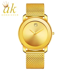 Aokaishen Women Gold Fashion Minimalist Watch Stainless Steel Mesh Ultra Thin Waterproof Causal Small Analog Quartz Female Watch