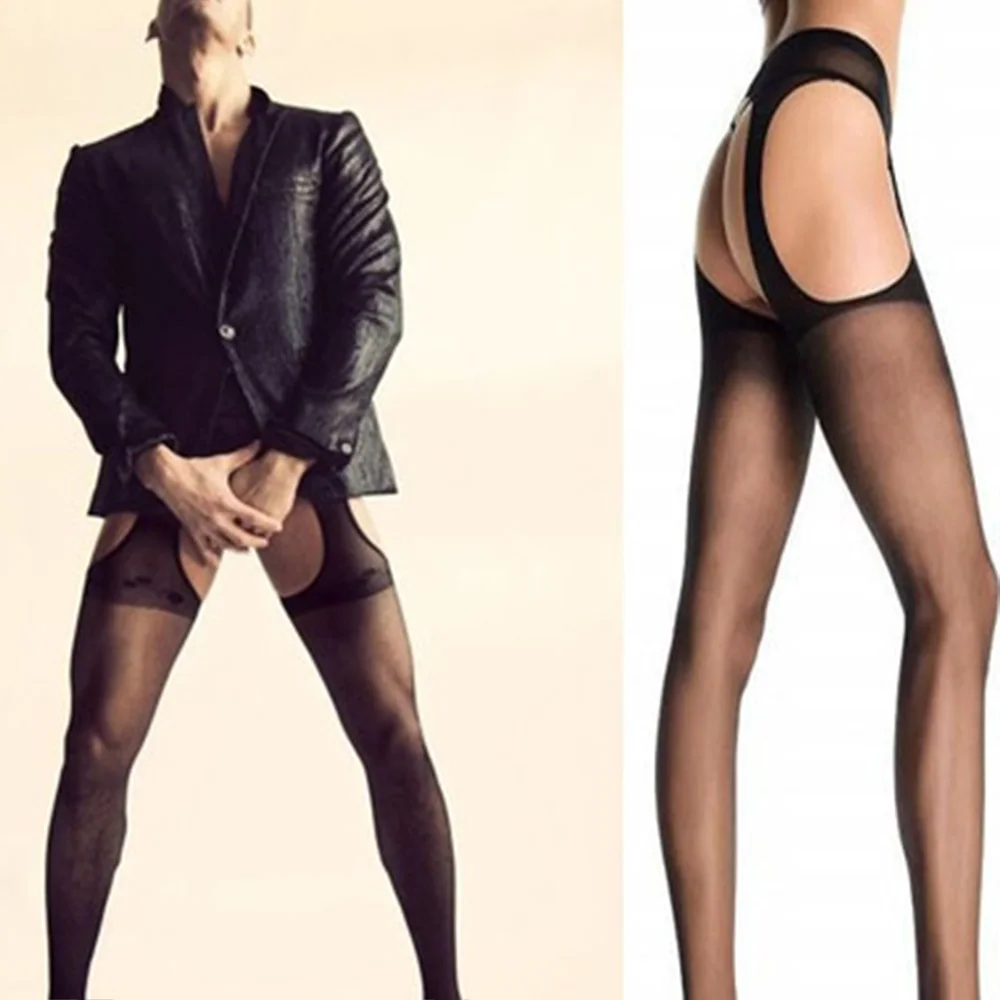 Sexy Men Lingerie Stockings See Through Thigh Socks Night Party Clubwear Open Crotch Pantyhose Hosiery Butt Hollow Gay Underwear