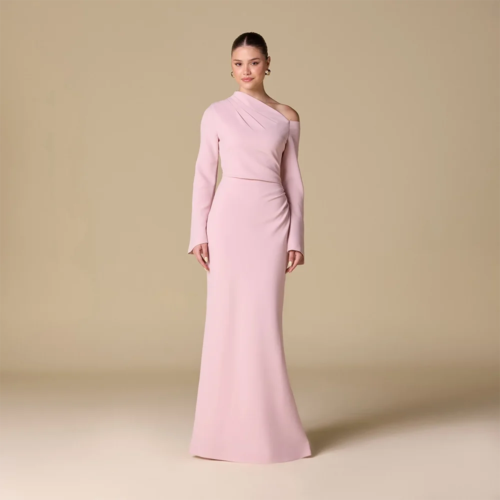 

Pink Evening Dress for Women 2025 Long Sleeves Long Evening Gowns Off Shoulder Mermaid Simple Formal Dresses Customized