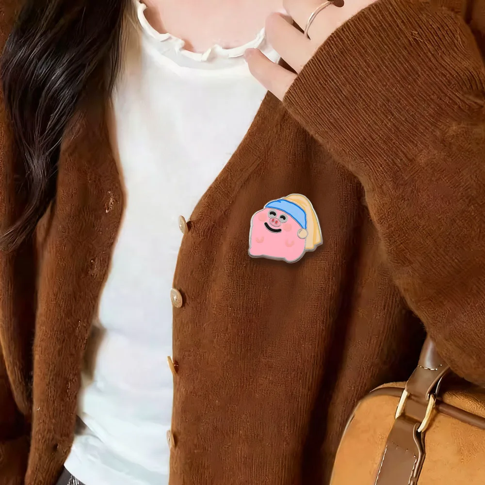 Lustige berühmte Kunstparodie-Emaille-Pins, kreative Schweinchen-Broschen mit Perlenohrring, niedliche rosa Schweinchen-Abzeichen, Rucksack-Anstecknadel, Schmuck – Detail 6