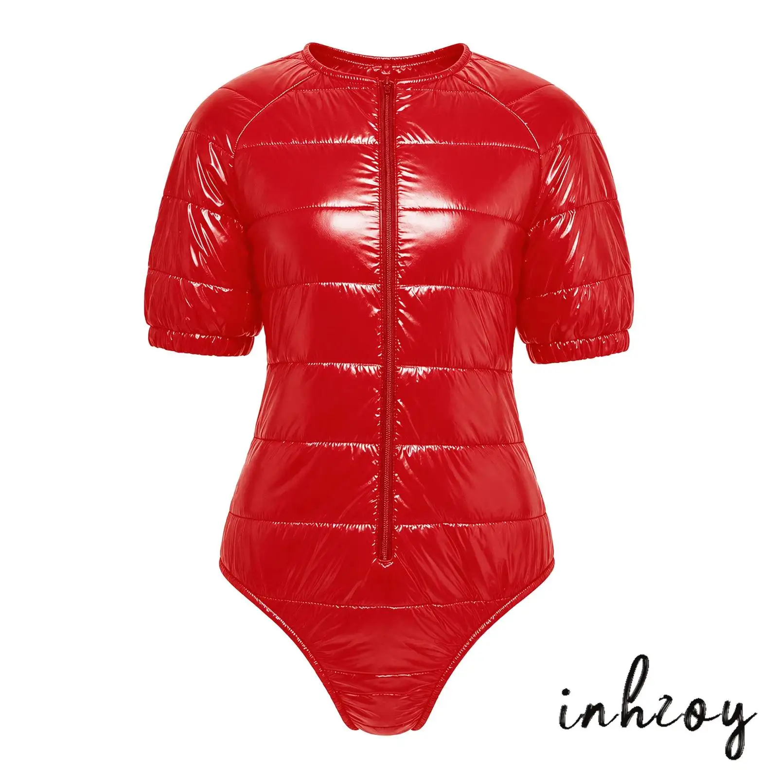 Women Water Resistant Leotard Jumpsuit Zipper Front Round Neck Short Sleeve Padded Bodysuit for Daily Casual Nightwewar