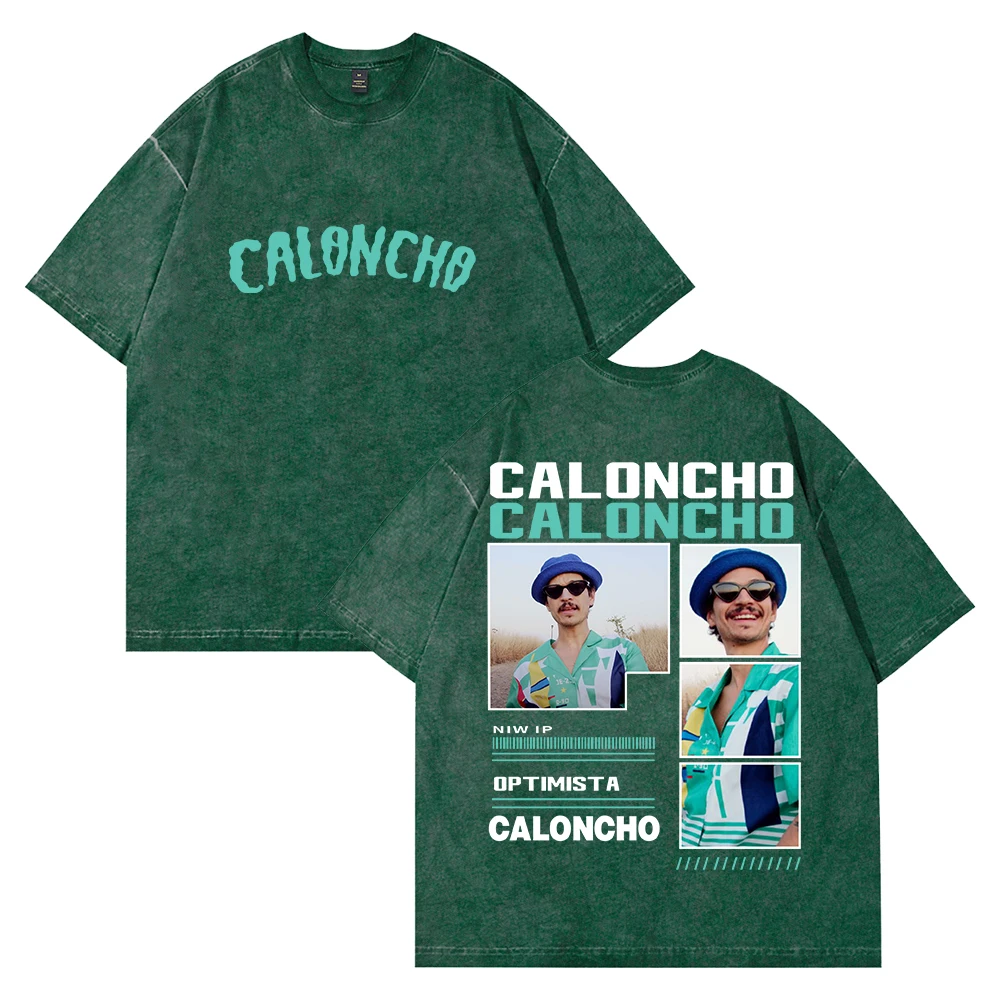 تي شيرت Caloncho Vintage مغسول بياقة دائرية وأكمام قصيرة من القطن تي شيرت للنساء والرجال ملابس خروج خارجية