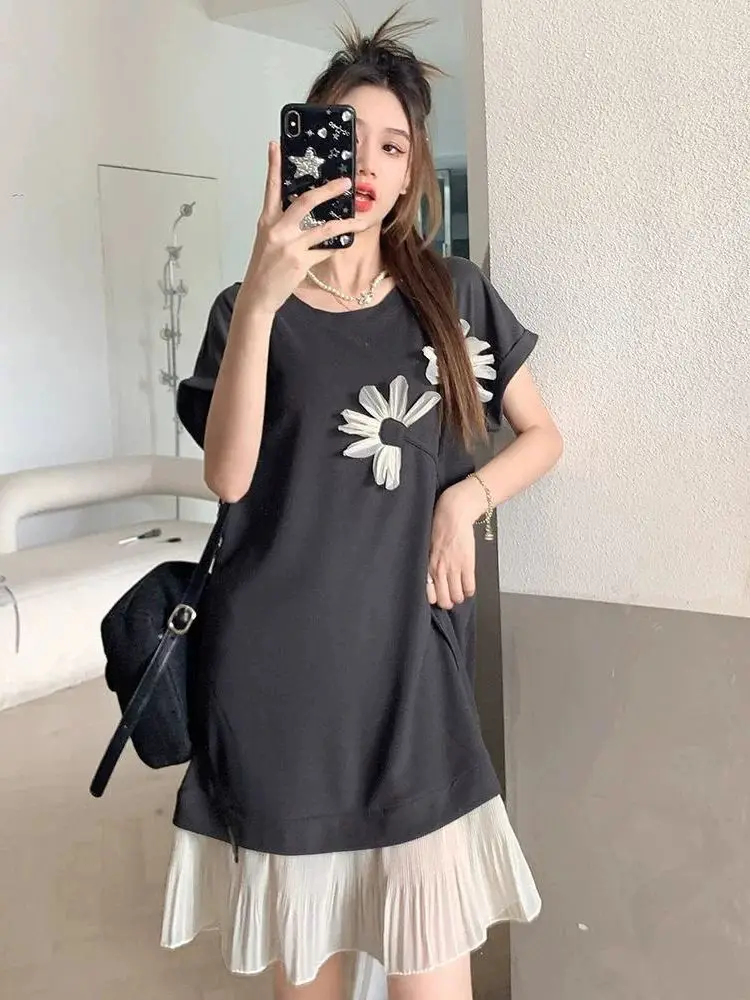 

150kg Plus Size Splicing Lace T-Shirt Dress Women Korean Style Loose Nightgown Knee Length Home Dress Short Sleeve Robe Vestidos