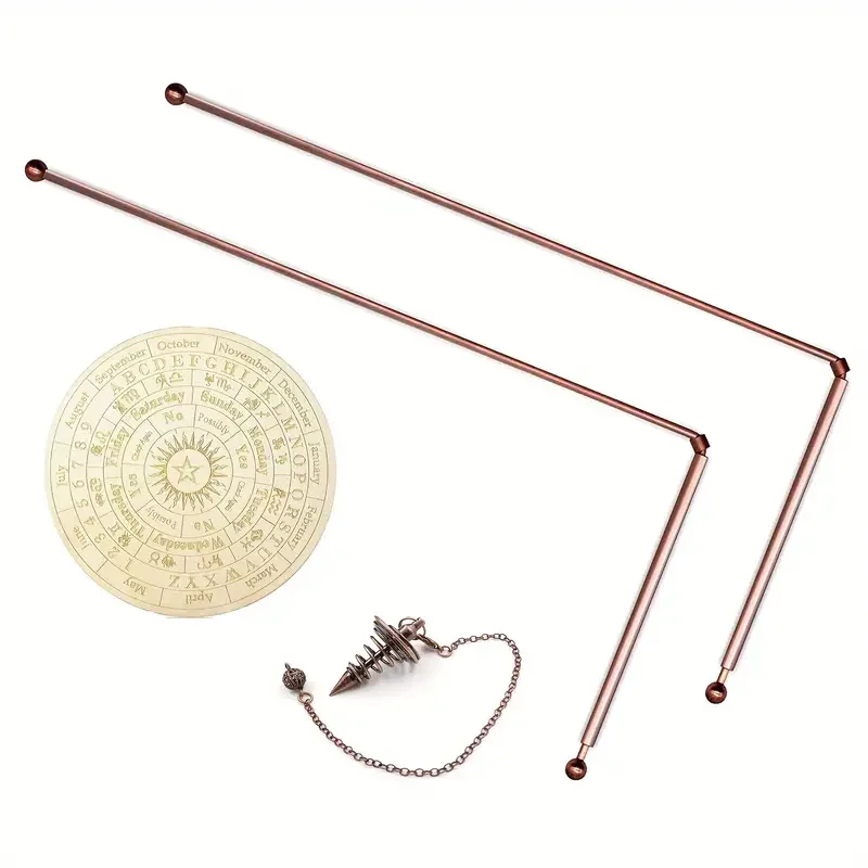 4PCS Copper Dowsing Rods Kit - 99.9% Pure Copper Divining Rods with Pendulum Board Set Exploration Divination Tools