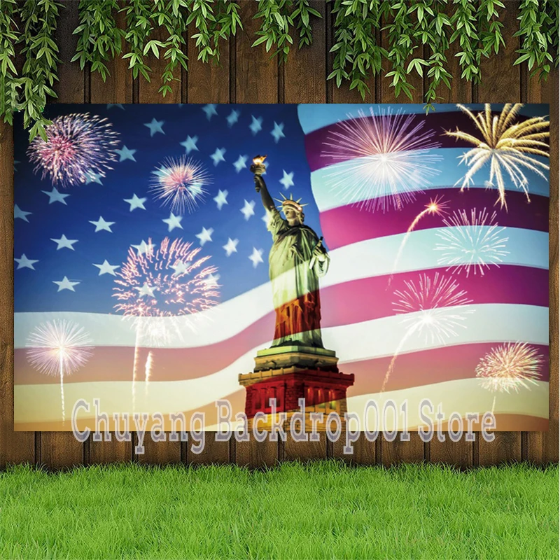 Statue Of Liberty American Flag Photo Background Firework Celebration Cheers Party Backdrop Home Decor Vinyl Poster Cover Banner