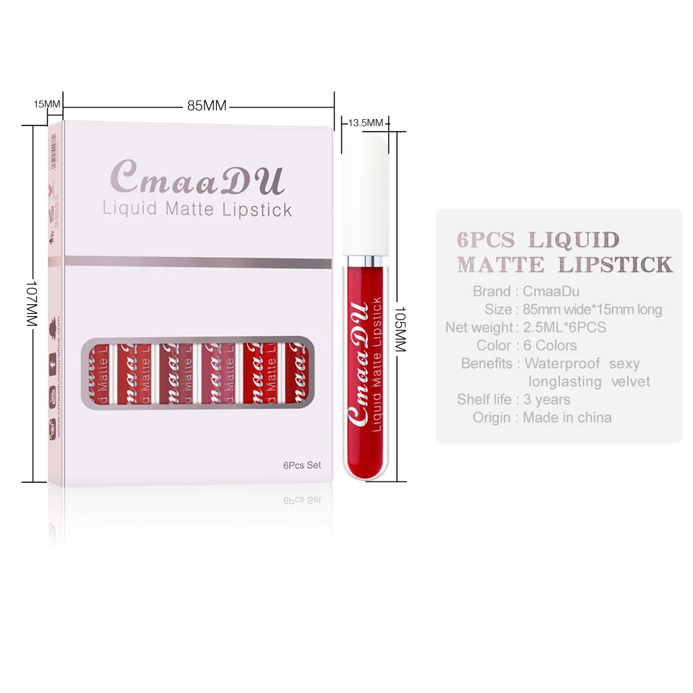 CmaaDu 6 Sticks Long lasting waterproof moisturizing non-stick cup mouth red matte lip gloss