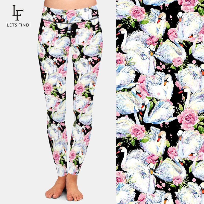 LETSFIND czarne legginsy łabędź i róża drukowanie kobiety elastyczne legginsy do fitnessu moda wysoka Wiast Sexy legginsy