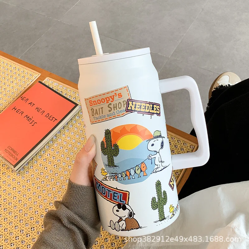 

1500 мл термос с рисунком Снупи, большая емкость, соломенная термочашка, чайник, портативная чашка для воды из нержавеющей стали 304, детский подарок