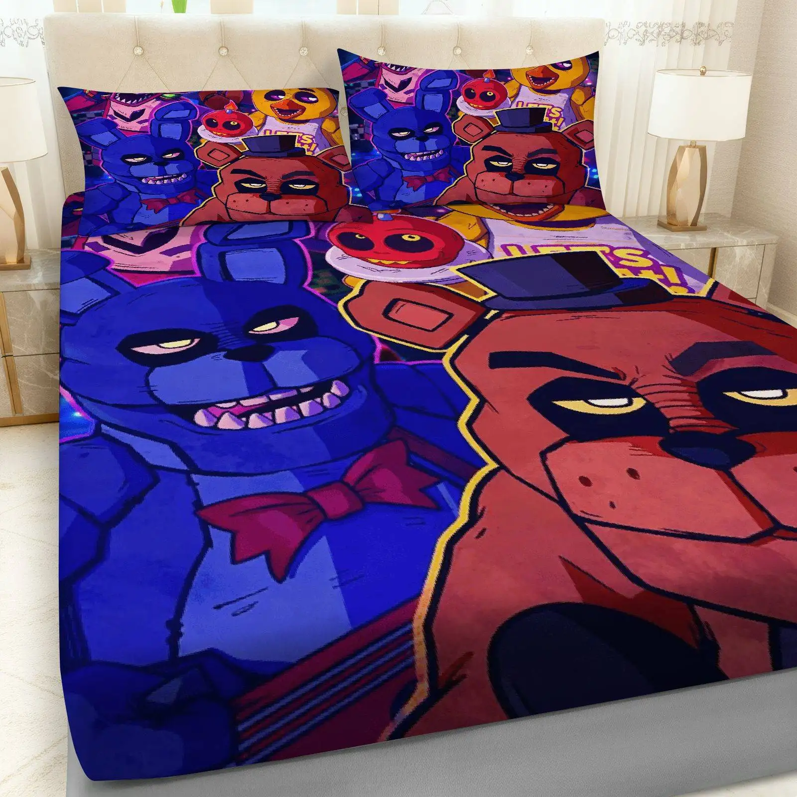Three-piece fitted sheet set, digital print fitted sheet set, horror game character themed bedding for Halloween (includes 1 fitted sheet + 2 pillowcases), 3-piece set, large-capacity deep pocket 2D printed fitted sheet and 2 pillowcases, bedding mattress protector, fitted elastic style, protective cover, mattress protector, suitable for all seasons, machine washable design, holiday decoration, various sizes, breathable