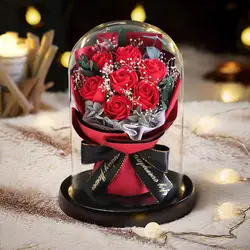 Soap Immortal Home Decor Glass Dome Artificial Sun Flower LED Rose Bouquet Girl Favorite Gift Box Romantic Valentine Mother Day