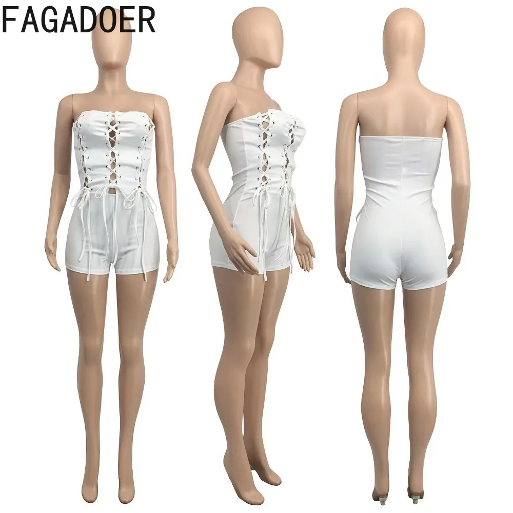 FAGADOER Fashion Hollow Out Lace Up Bodycon Rompers Women Off Shoulder Sleeveless Backless Slim Jumpsuits Sexy Female Streetwear