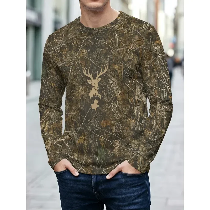 3D Printed Casual Long Sleeve Men's T-Shirt 2026 Deer Head Camouflage Crew Neck Polyester Outdoor Leisure Travel Weekend Wear