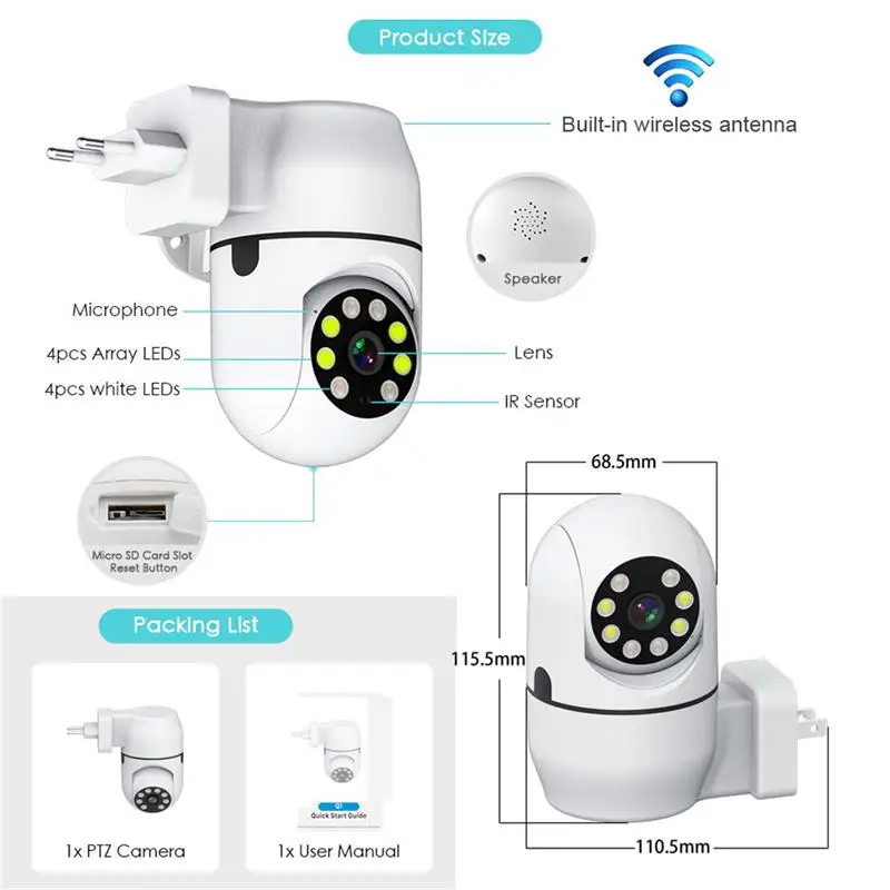 Cámara de vigilancia interior para bebé, Wifi enchufable de 2MP, inalámbrica, 360 IP, vídeo doméstico, vida inteligente, CCTV, PTZ, ONVIF, visión nocturna