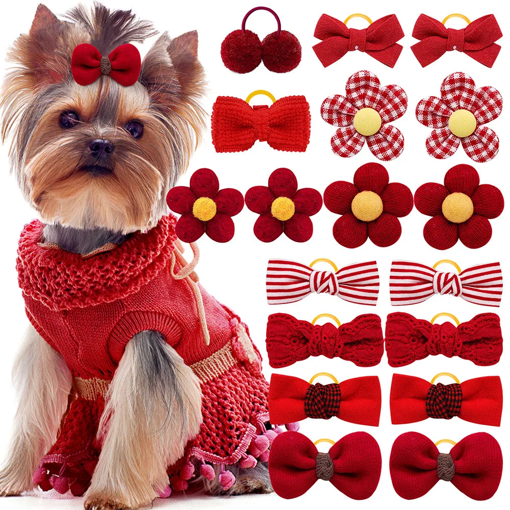 20PCS Handmade Dog Bows for Pet Supplies Cotton Bows for Small Dogs Cute Pet Dog Hair Bows Cats Dogs Hair Grooming Accessories