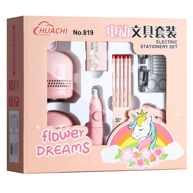 

CHEN LIN 11Pcs/Set Unicorn Electric Stationery Set Electric Pencil Sharpener Desktop Vacuum Cleaner Eraser Student Stationery