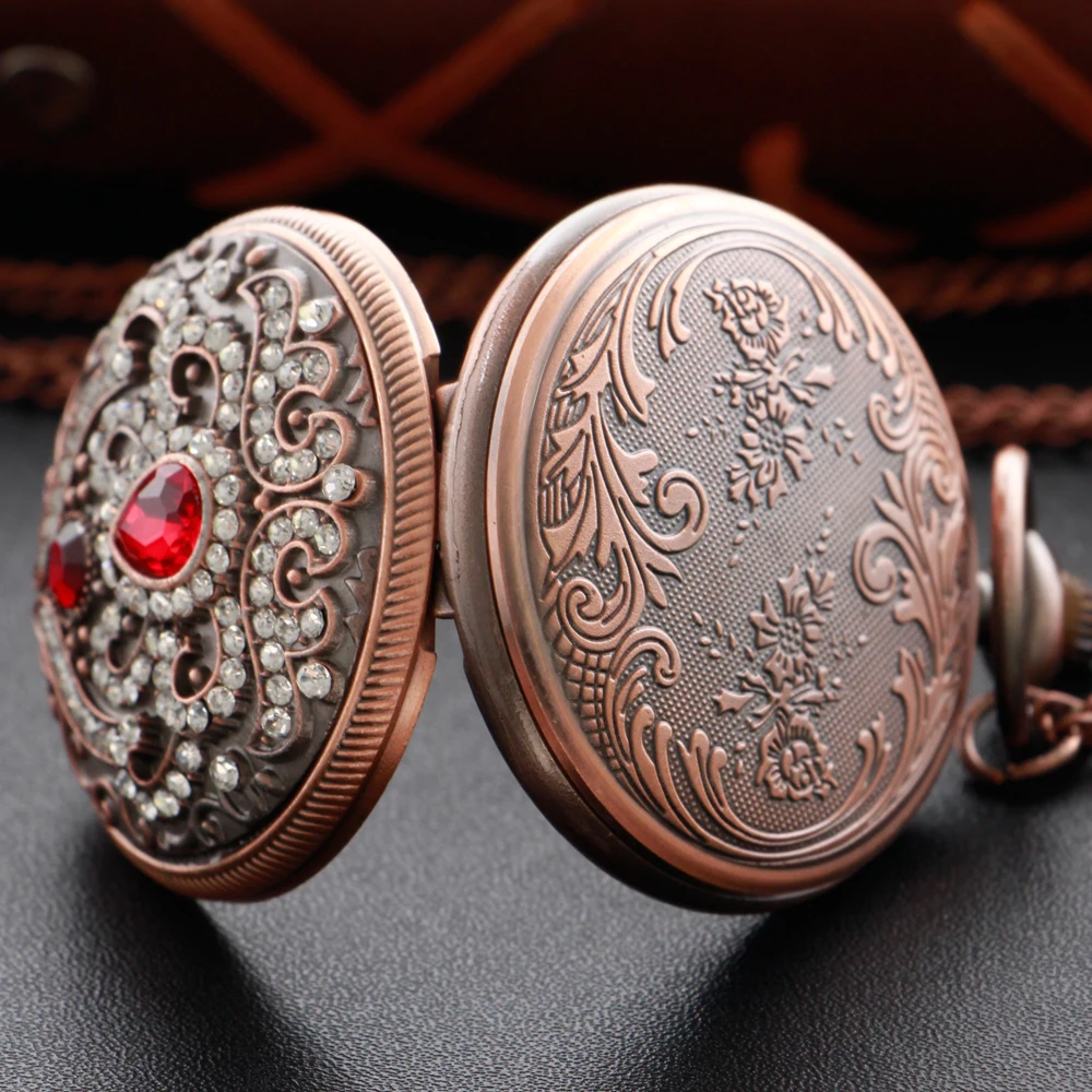 Exquisite Red Fake Gem Rhinestone Luxury Quartz Pocket Watch Men's and Women's Necklace Clock Steampunk Fashion Gift Accessories