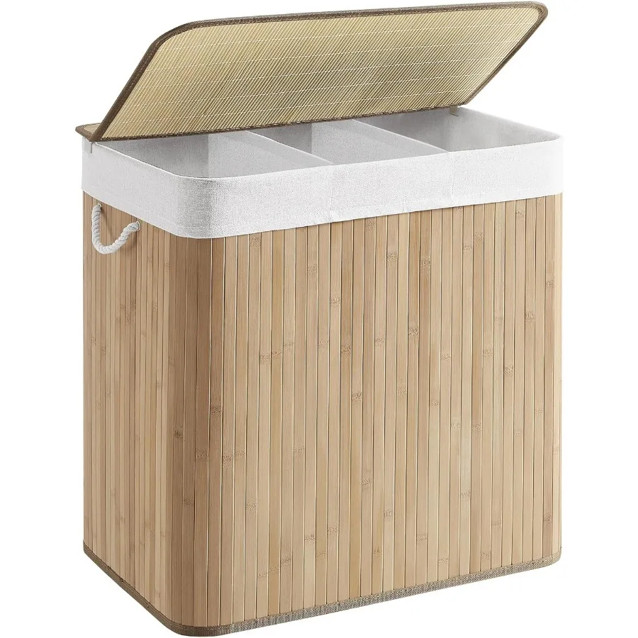 

39.6 Gallons 150L 3Section Foldable Laundry Hamper with Lid Bamboo Construction Removable Machine Washable Liner Ideal for Laun