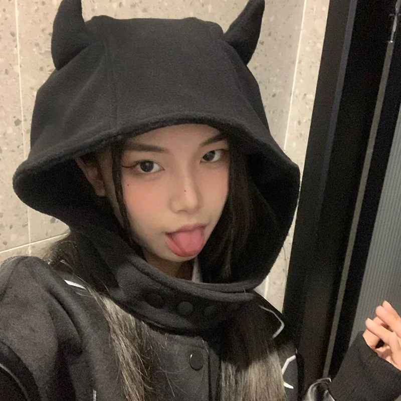 Japan Yabi y2K Devil Horn Winter Hat with Earflaps Women Autumn Winter Hood Warm Suede Ear Protection Set Head Cap Beanies