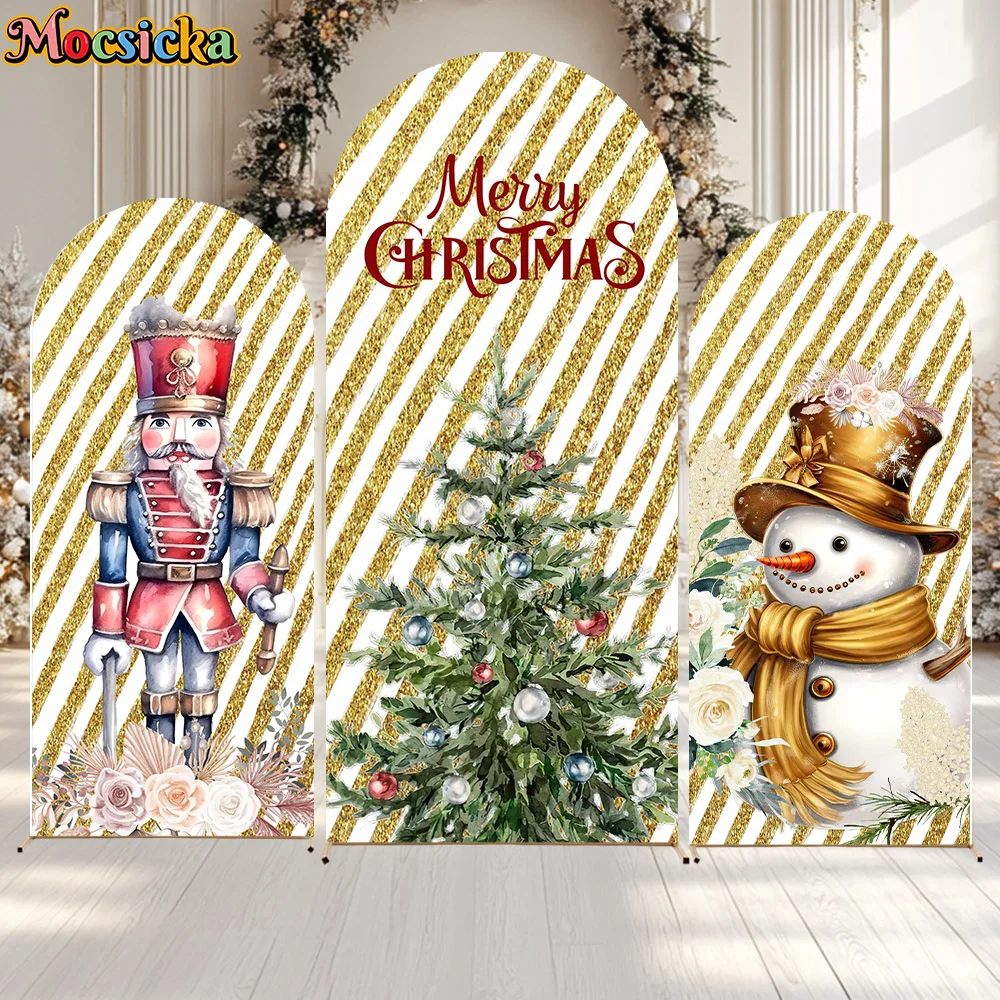 Golden Christmas Custom 2-Sided Arch Background Cover Nutcracker Snowman Decor Birthday Kids Portrait Photo Backdrop Studio