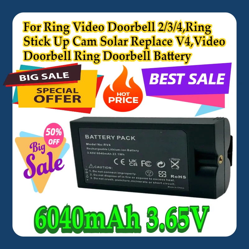 

For Ring Video Doorbell 2/3/4,Ring Stick Up Cam Solar Replace V4,Video Doorbell 3.65V 6040mAh Ring Doorbell Battery