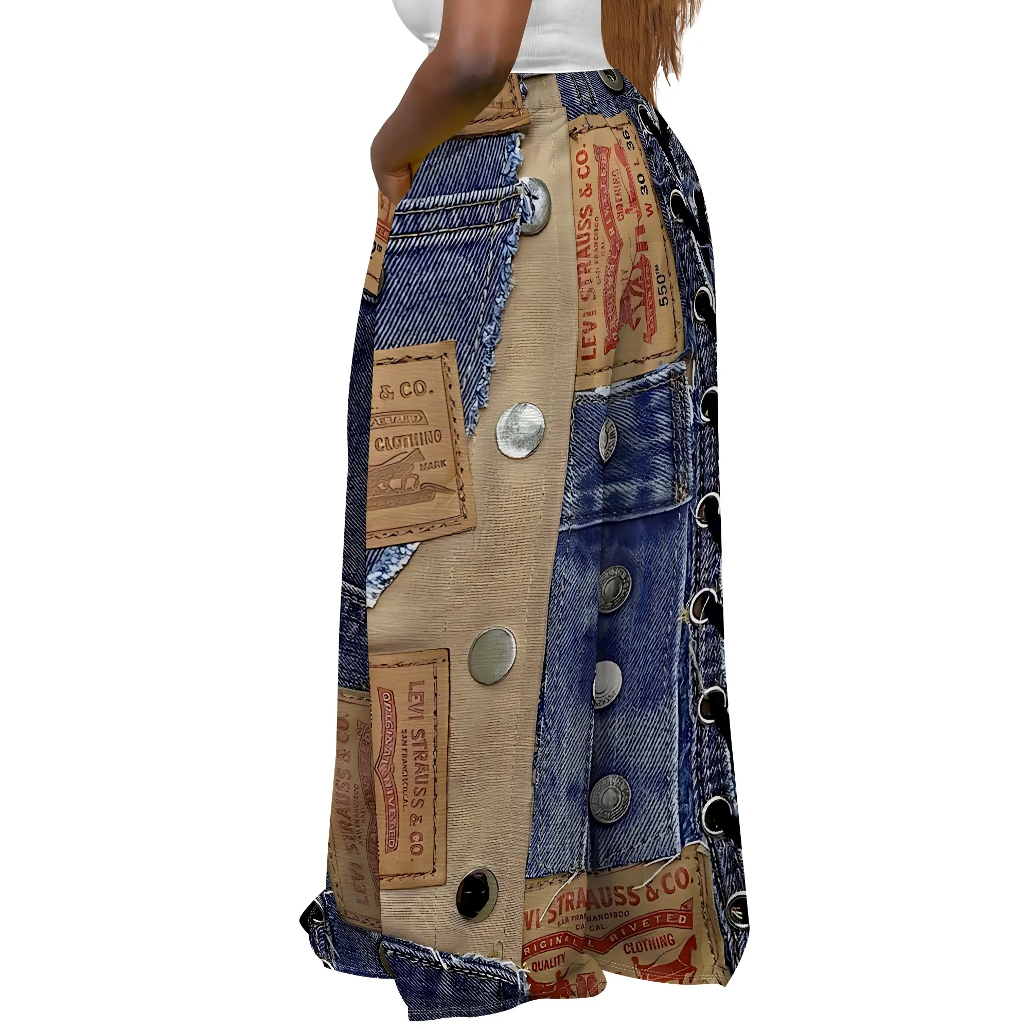 Plus Size Women's Wide Leg Pants Vintage Faux Denim Printed Beach Dress Summer Flowy Midi Pants with Pockets