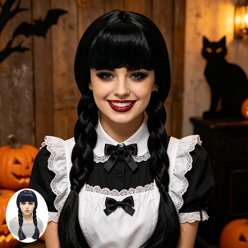 Black Double Braids Wig Bangs Straight Synthetic Hair Gothic Movie Cosplay Halloween Costume Party Full Wigs For Women