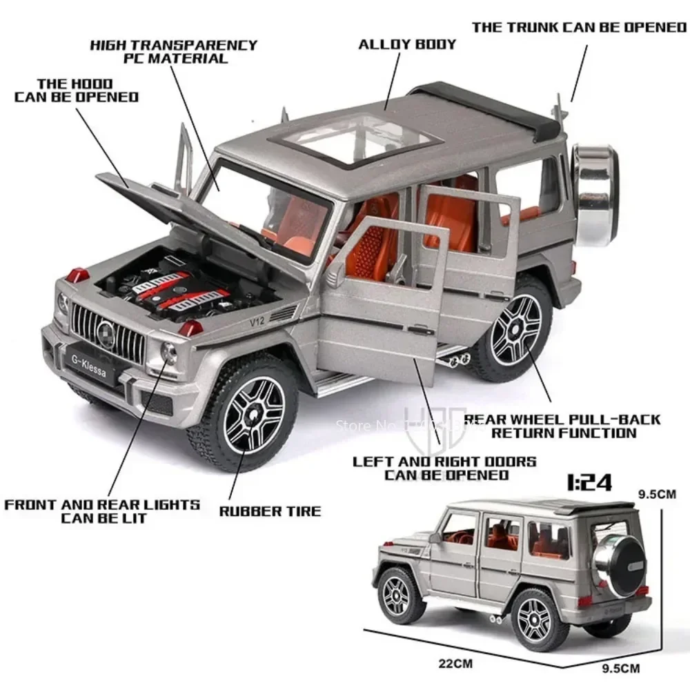 Voitures miniatures Benz G65, échelle 1:24, en alliage moulé sous pression, portes ouvertes, son et lumière, nervures arrière, véhicules tout-terrain, cadeaux pour enfants