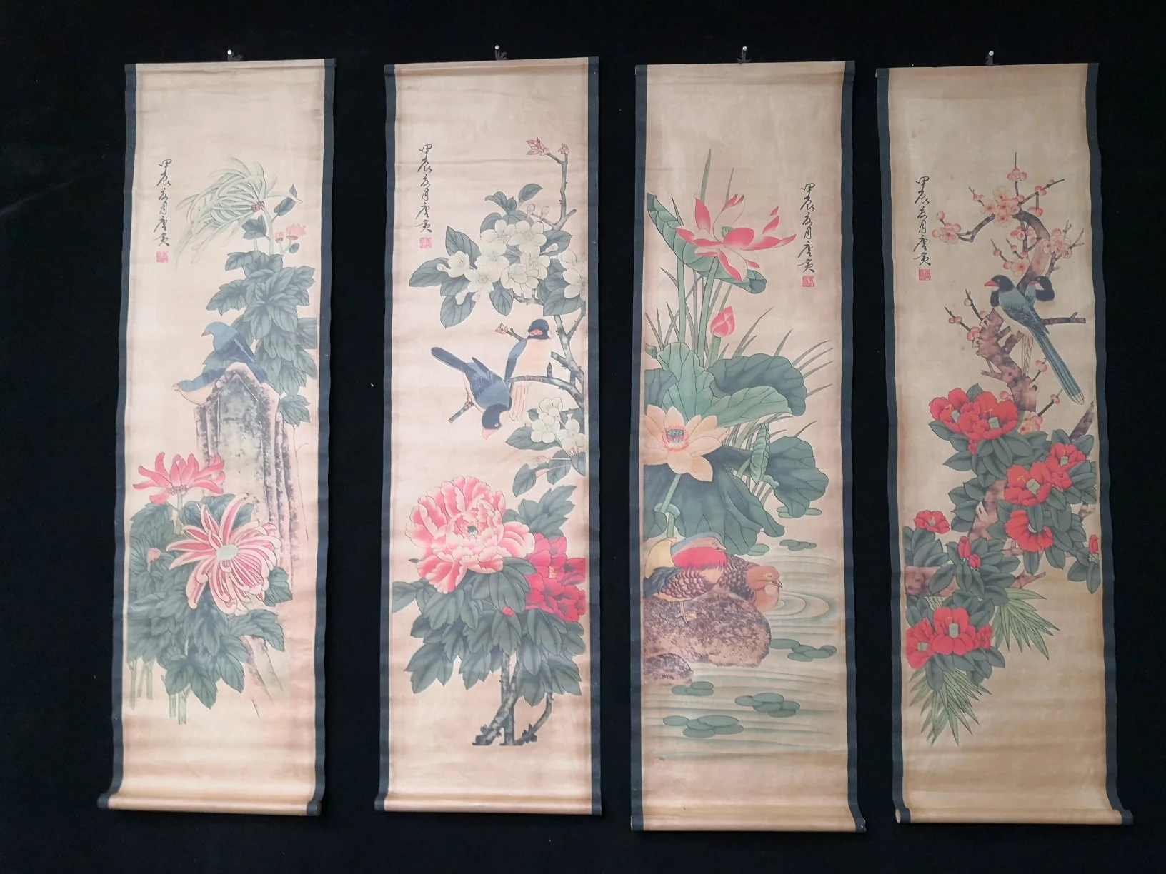 Chinese Antique Style Mandarins Duck 4-Piece Screen Painting - Exquisite Xuan Paper Decorative Artwork for Home Decoration