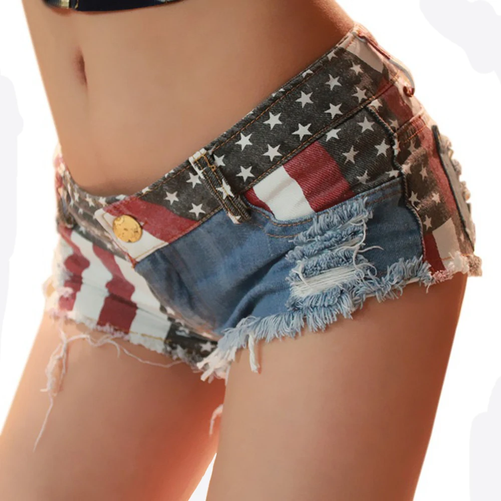 Womens National Flag Denim Jeans Shorts Plus Size Low Waist Hole Pockets Mini Shorts Pants Jeans Slim Trend Streetwear S-XXL
