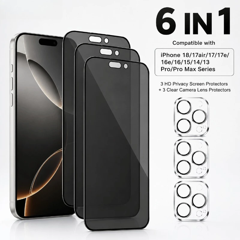 3pcs Privacy Tempered Glass Screen Protectors And 3pcs camera Lens Protectors for Iphone 11 12 13 14 15 16 17 18 Pro/Pro Max