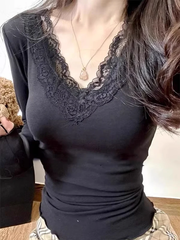 

Bla Lace V-ne Base irt Women's Faion Slim Fit Inner Wear Top Sexy Autumn Winter Brand Bule European Sle Casual irt