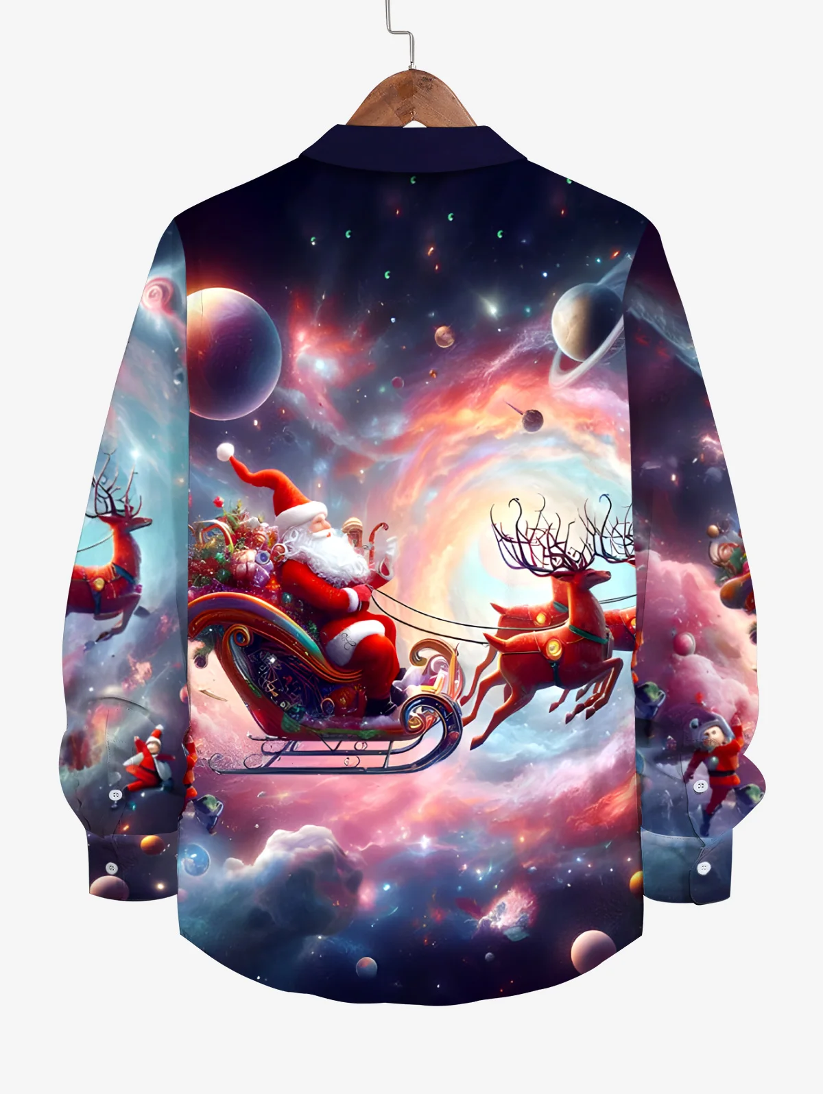 Plus Size Christmas Matching Set For Couples Elk Santa Claus Colorful Galaxy Print Dress And Buttons Long Sleeves Shirt Outfits