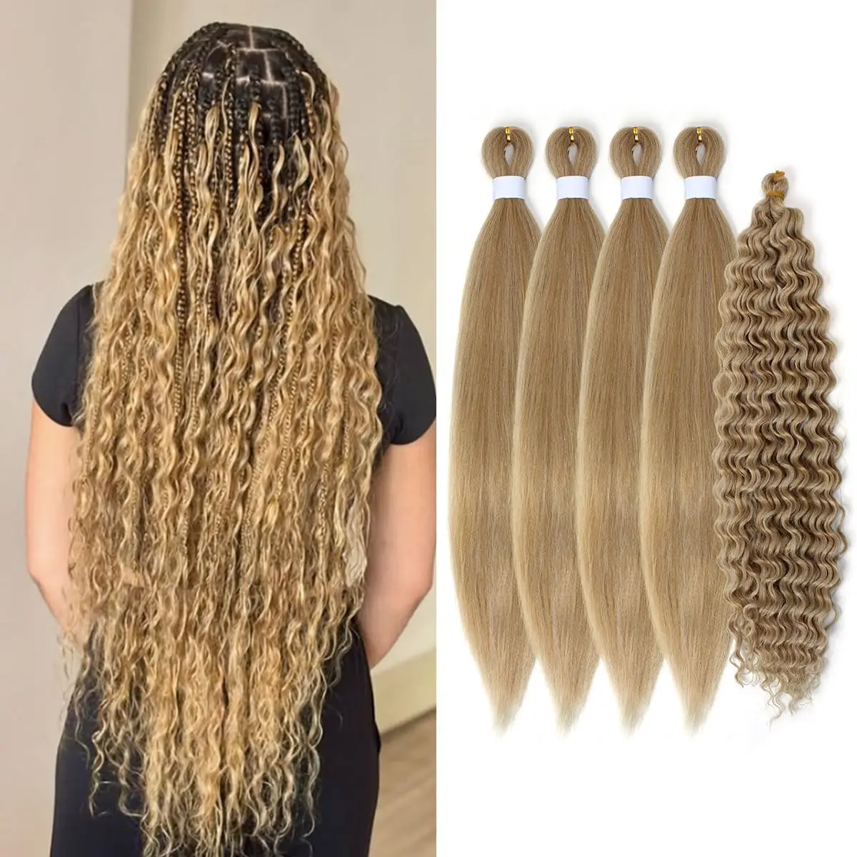 Cabelo Sintético Loiro Mel Acinzentado Pré-esticado para Tranças, Cabelo Boho Sem Nós para Trançar, Cabelo Cacheado Sintético para Crochet Twist e Box Braids