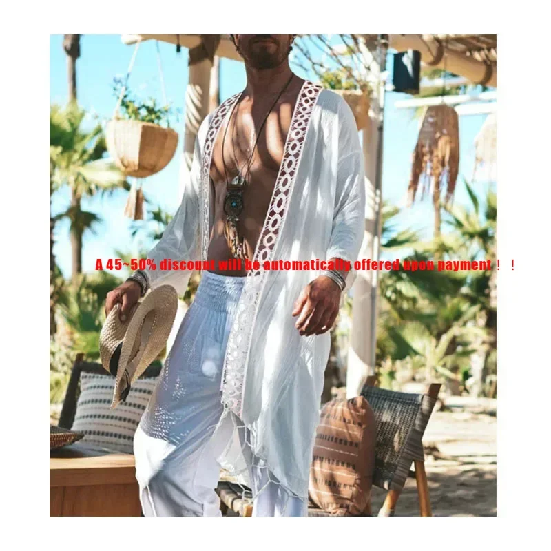 

Men's Long Cardigan Hollowed Out Beach Holiday Long Cardigan Spring/Summer Thin Men's Sun Protection Shirt Fringe Long Cardigan