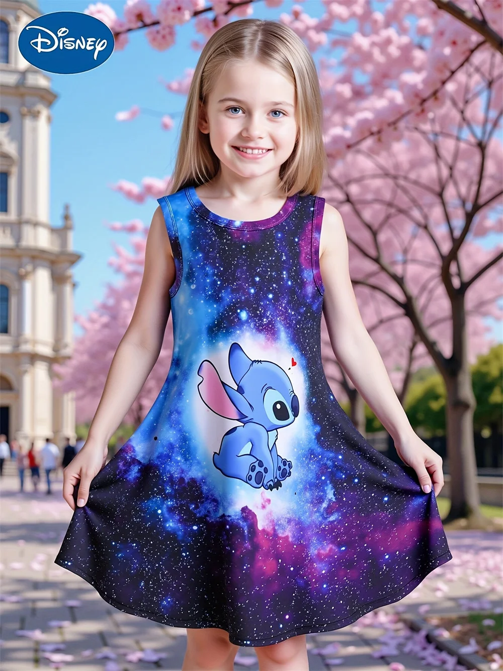 

Girl's New Summer Cartoon Character Dress Cute Stitch And Angel 3d Printed Round-Neck Sleeveless Blouse Dress Kids Girls Clothes